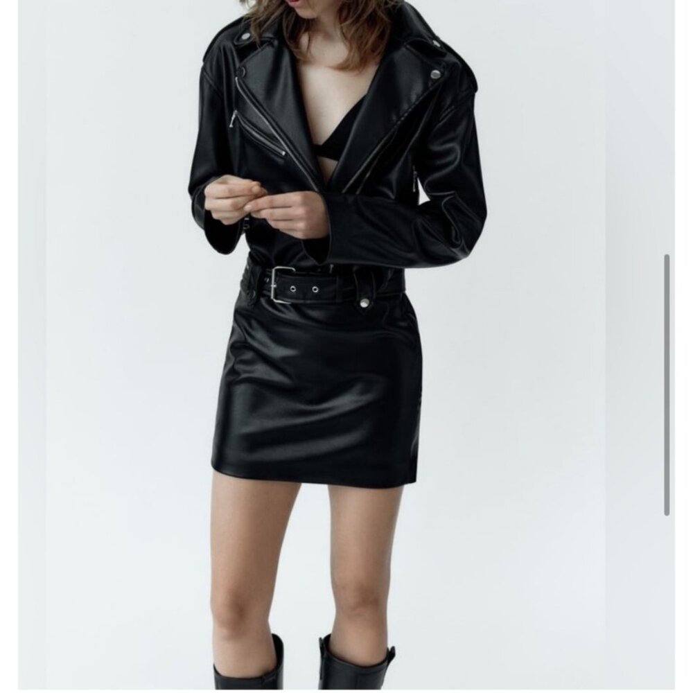 Zara Faux leather‎ Collared belted moto mini dress Y2K goth sz S